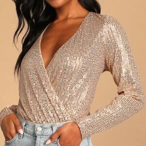 NWT Stunning Forever Rose Gold Sequin Long Sleeve Surplice Bodysuit
